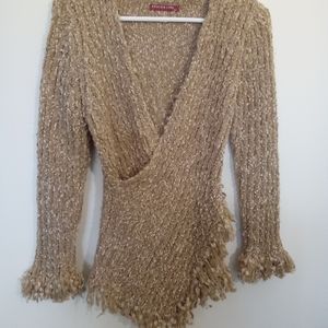 EPOCH & LINE Boucle Fringe Long Sleeve Crossover Wool Blend Sweater